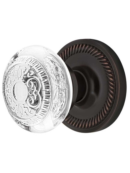 Rope Rosette Door Set with Egg and Dart Crystal-Glass Knobs in Timeless Bronze.